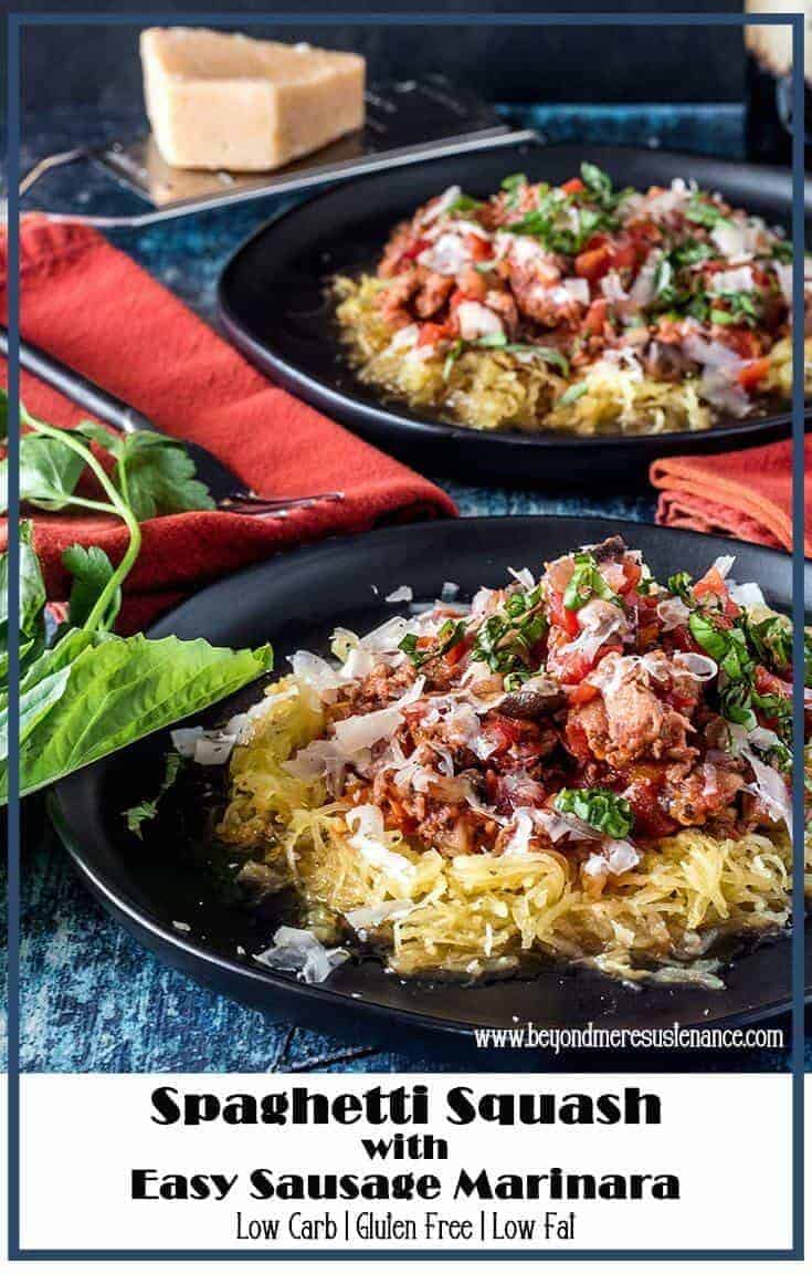 It's hard to beat a good spicy sausage marinara... Generously ladled atop roasted spaghetti squash, my Spaghetti Squash with Easy Sausage Marinara is low carb and gluten free, and just might help you forget the