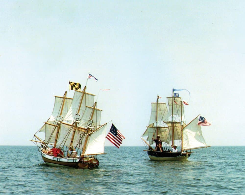 As captain of the miniature replica Maryland Federalist on her trip to Mount Vernon from Baltimore. Photo by Joe Evans.