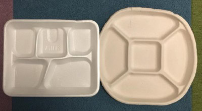 Styrofoam school trays (left) will be replaced by compostable trays.