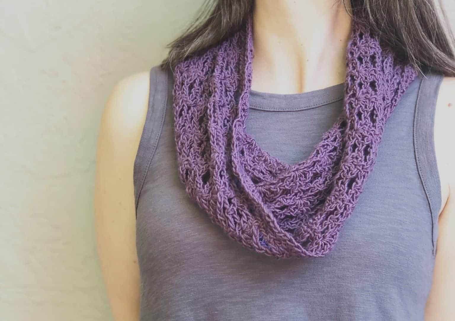 easy crochet lace picture of purple easy crochet lace cowl on woman in grey