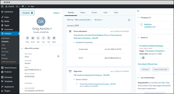 View all your contacts and CRM data inside your WordPress admin with HubSpot's free plugin.