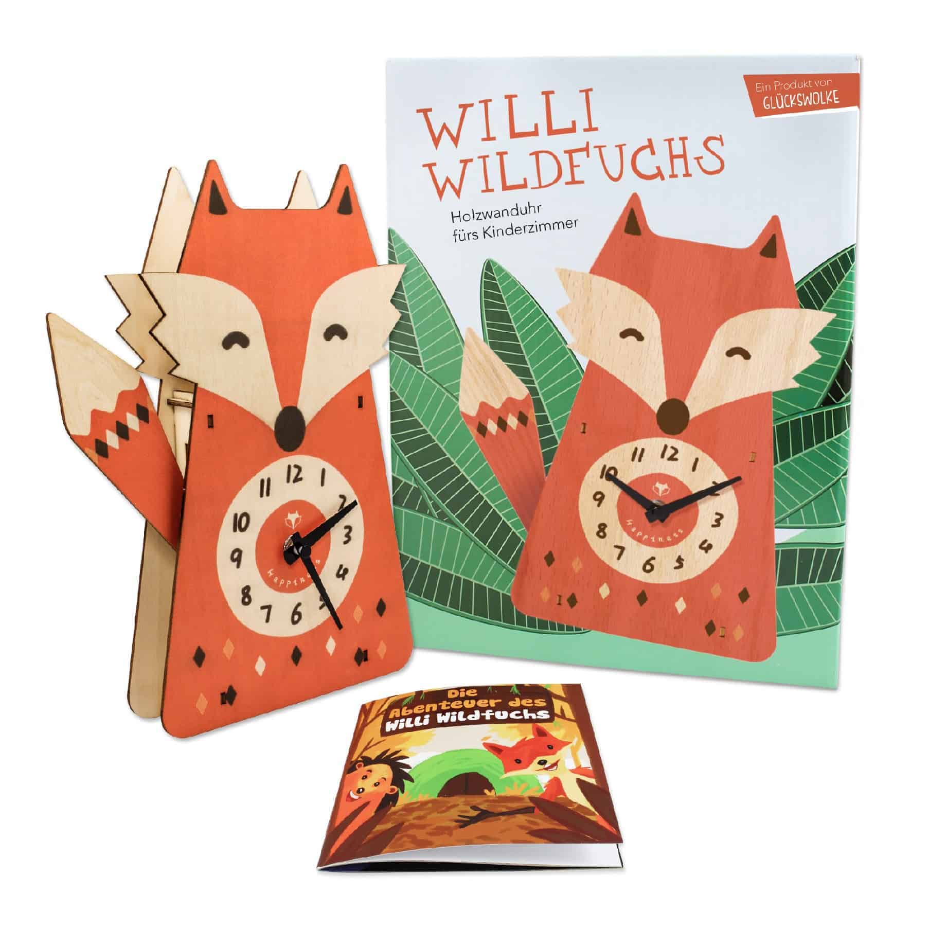 Willi Wildfuchs Gesamtpaket Kinderuhr aus Holz 1