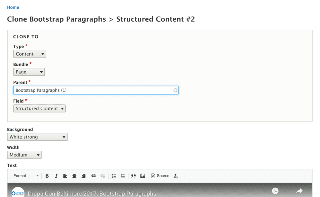 Screen grab of editing with the Drupal Paragraphs Edit module.