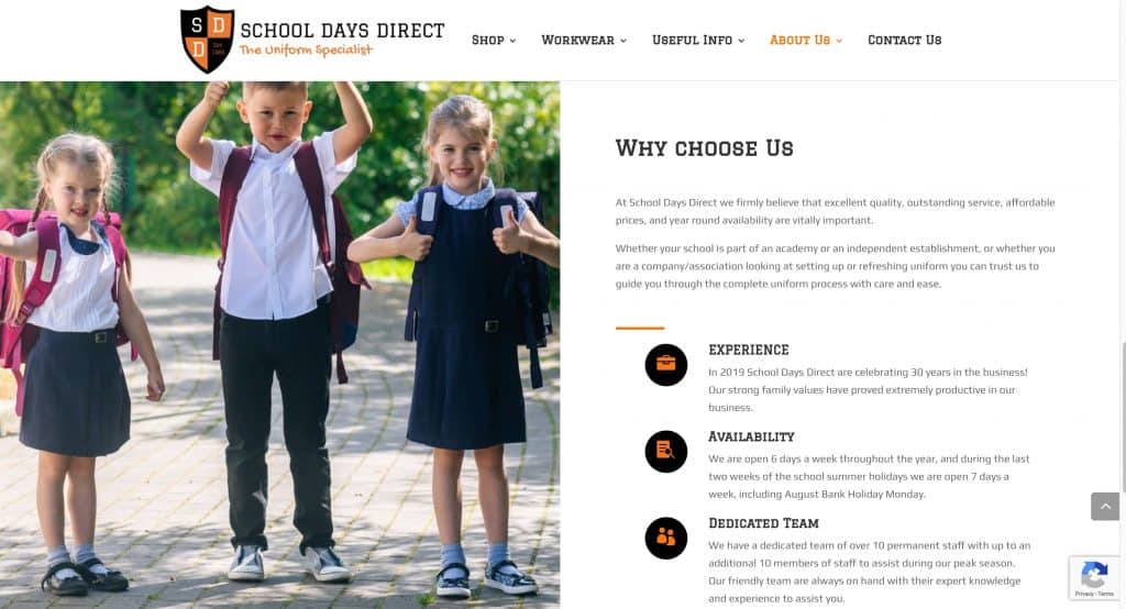 A page from School Days Direct WordPress site with WooCommerce Plugin