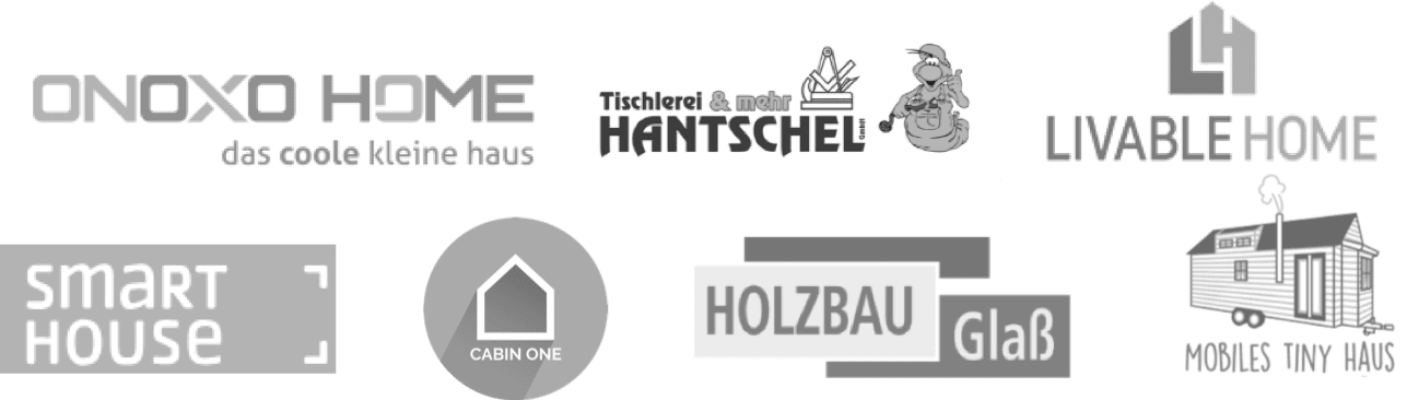 Das Bild zeigt die unterschiedlichen Tiny House Anbieter mit denen LIVEE zusammenarbeit. Zu sehen sind die Logos von verschiedenen Tiny House Herstellern.