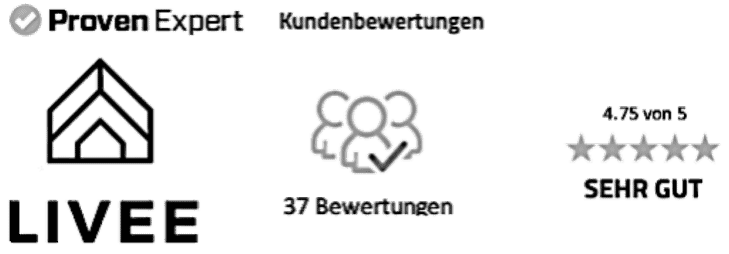 tiny-house-marktstudie-livee-proven-expert-bewertung Das Bild zeigt das LIVEE Logo und die Anzahl an positiven Bewertungen über das Bewertungsportal von Proven Expert