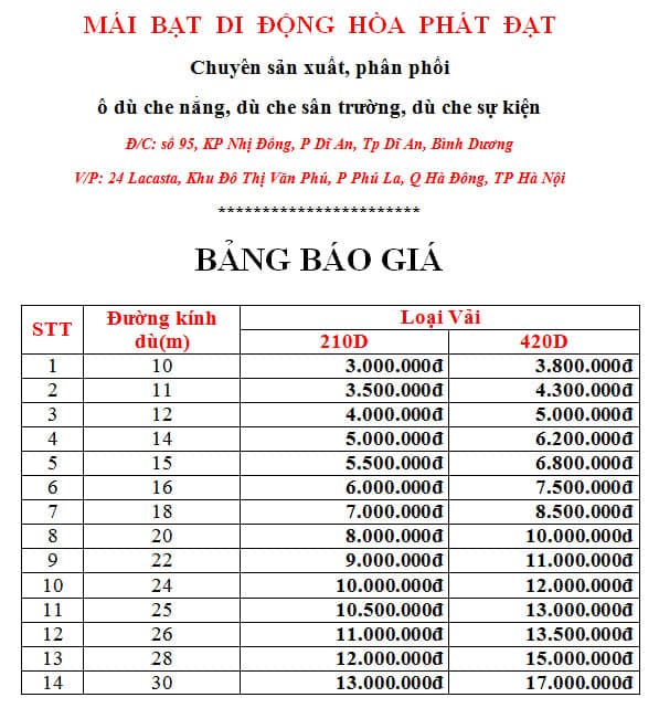 báo giá dù che sự kiện