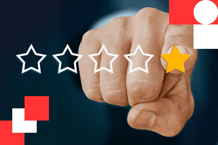 A person is tapping the screen of their smartphone, giving a mobile application a well-deserved 5-star rating.