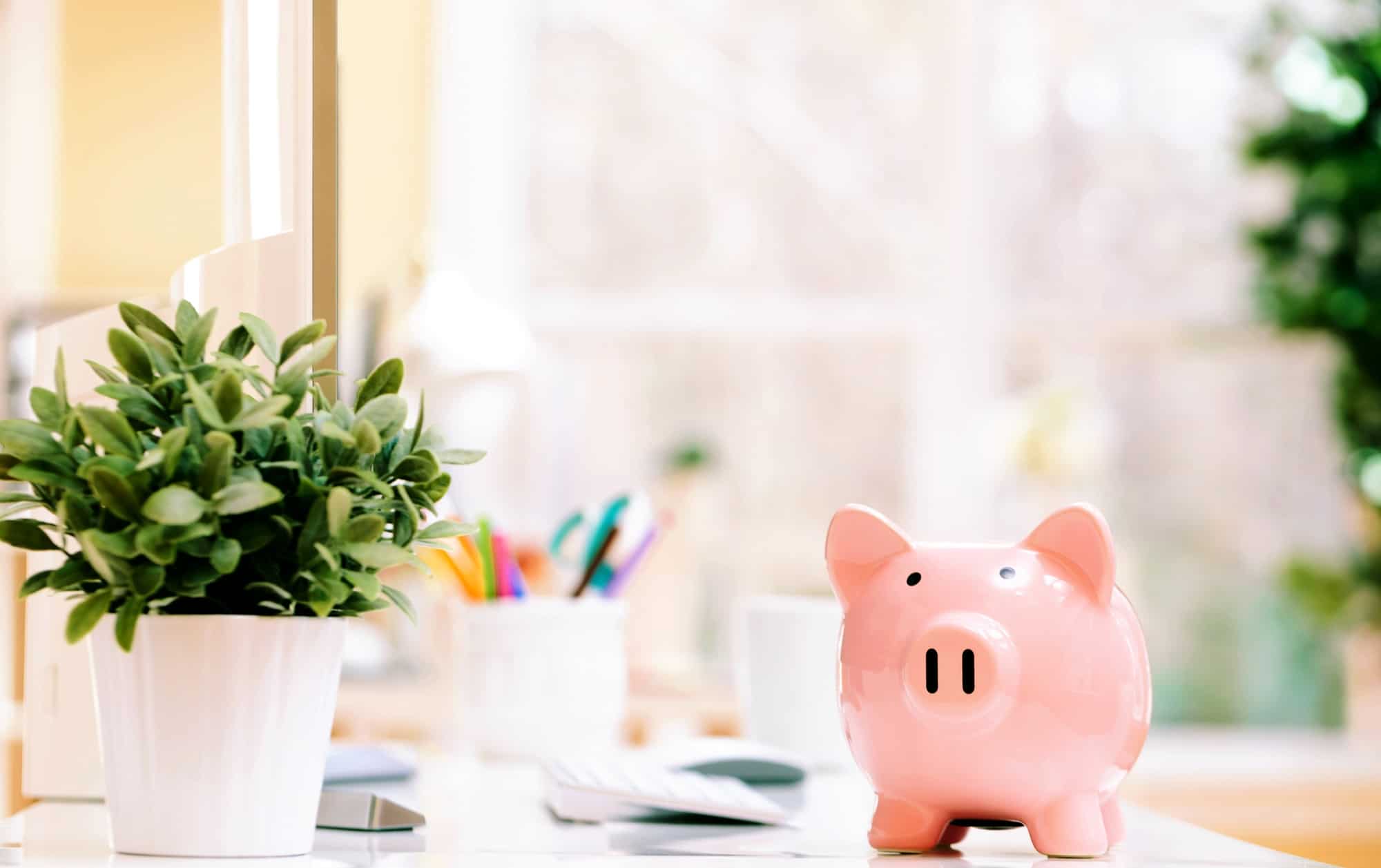Pink piggy bank on a desk in an office