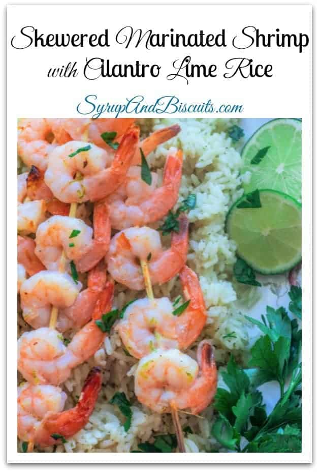 Skewered Marinated Shrimp with Cilantro Lime Rice. Shrimp marinated in a honey lime sauce, skewered , grilled, and served with a cilantro lime rice mix. #shrimp #rice #zatarains