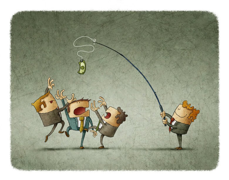 How to Choose a Good SEO Company for Your Law Firm 1 Illustration of man holding rod with dollar and teasing colleagues