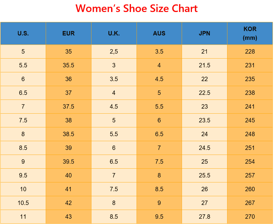 International Shoe Size Conversion Chart - US EUR UK AUS JP KOR