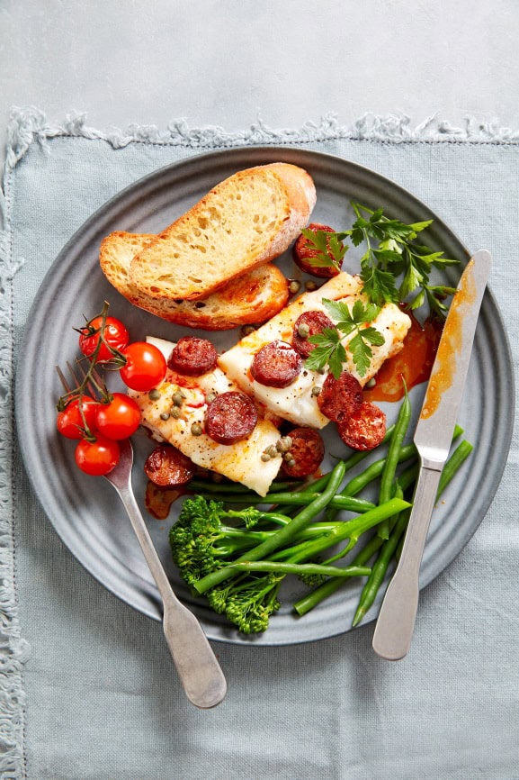 Hearty family meal: Spanish Chorizo and Roast Cod with Capers and Tomato