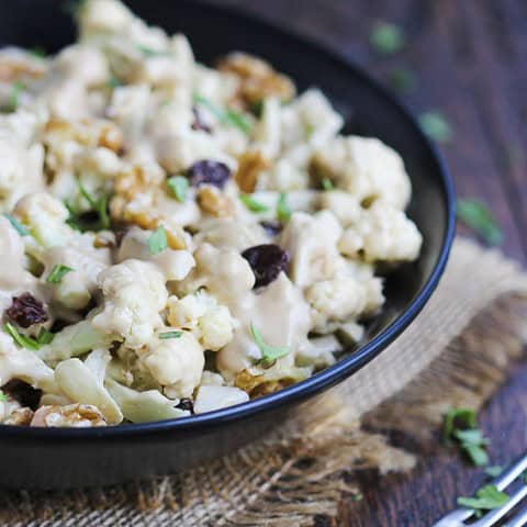 Walnut & raisin cauliflower raw-slaw salad with tahini sauce - glutenfree, vegan, dairy-free by Trinity