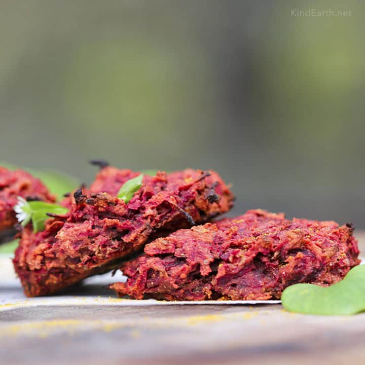 Baked beetroot bhajis, ginger, spices, chickpea flour - Anastasia, Kind Earth. Gluten-free, vegan