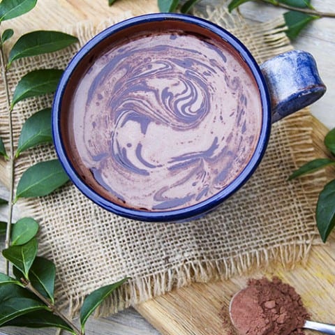 Easy vegan hot chocolate made from scratch in a blender using cashews and hempseeds, ginger, cacao and maple syrup - by Anastasia, Kind Earth