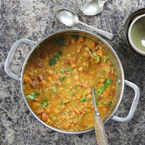 Fuss free vegan soup - easy, quick with lentils, vegetables, ginger and coriander - all in one pot.