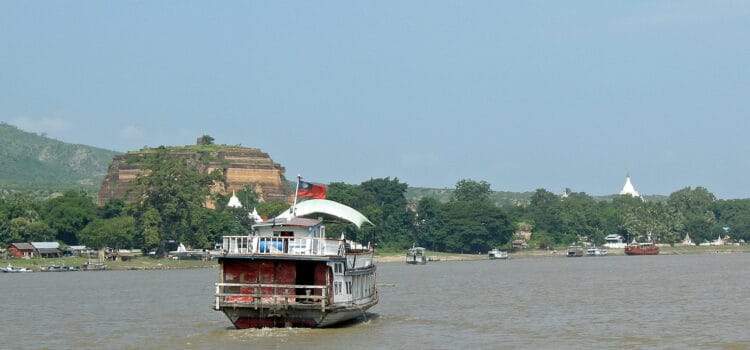 boat on the Irrawaddy river to Mingun Up the Irrawaddy river to Mingun