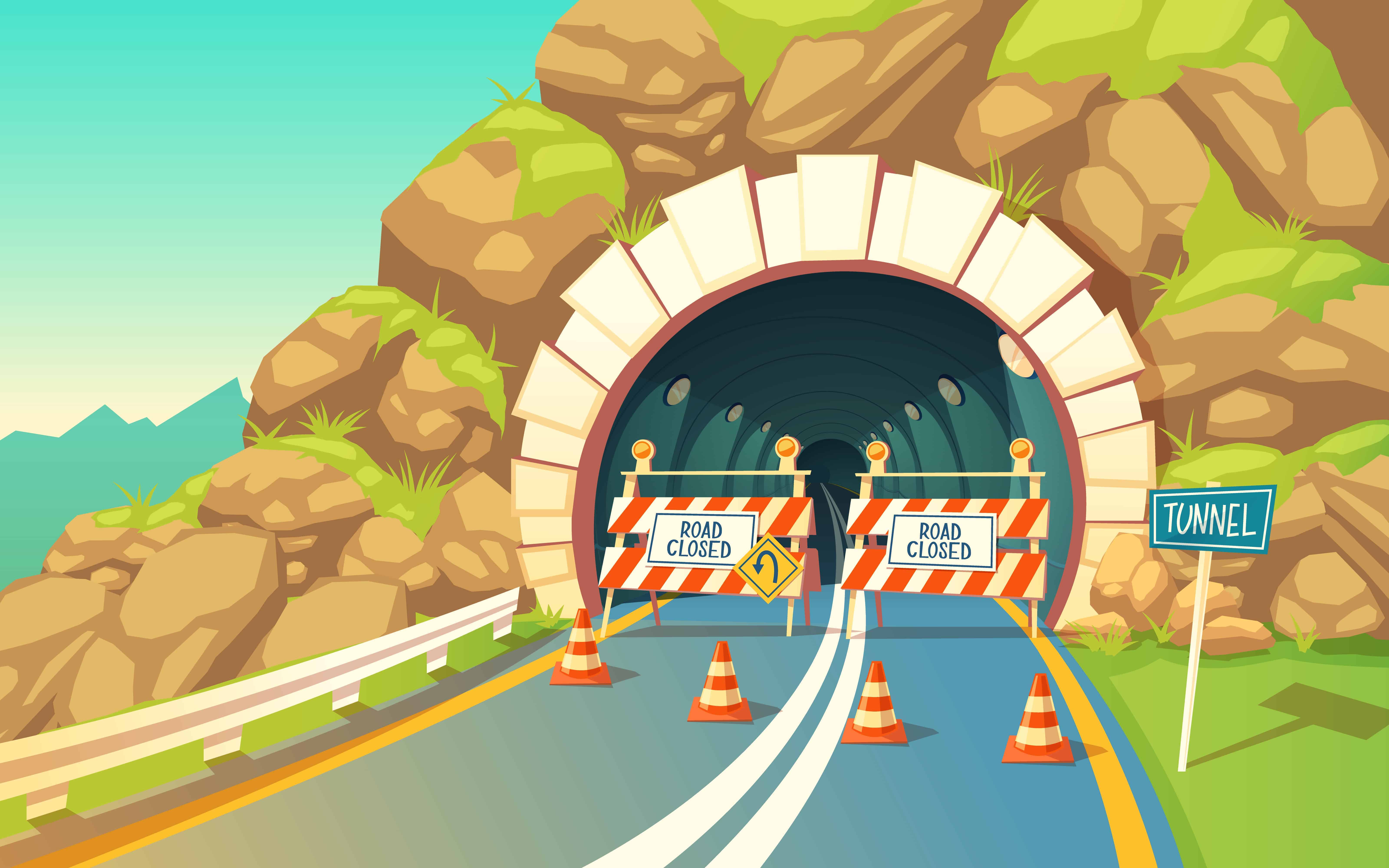 RoadBlocks to recovery (2) A drawing of a road blocked with signs because construction