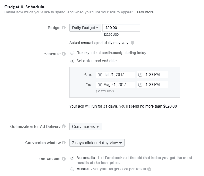 Cleaning Business Facebook Ad Budget example