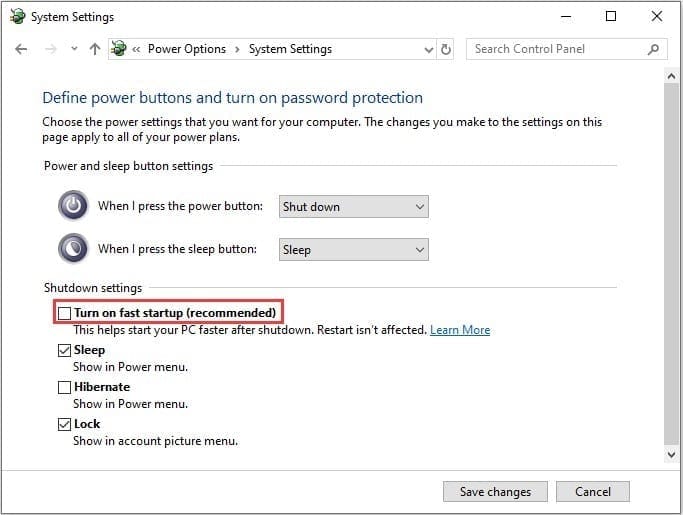 Turn off Fast Startup
