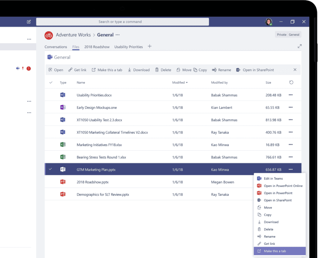 Device screen showing a list of files in Microsoft Teams. One file is selected and the expanded menu for that file is visible.