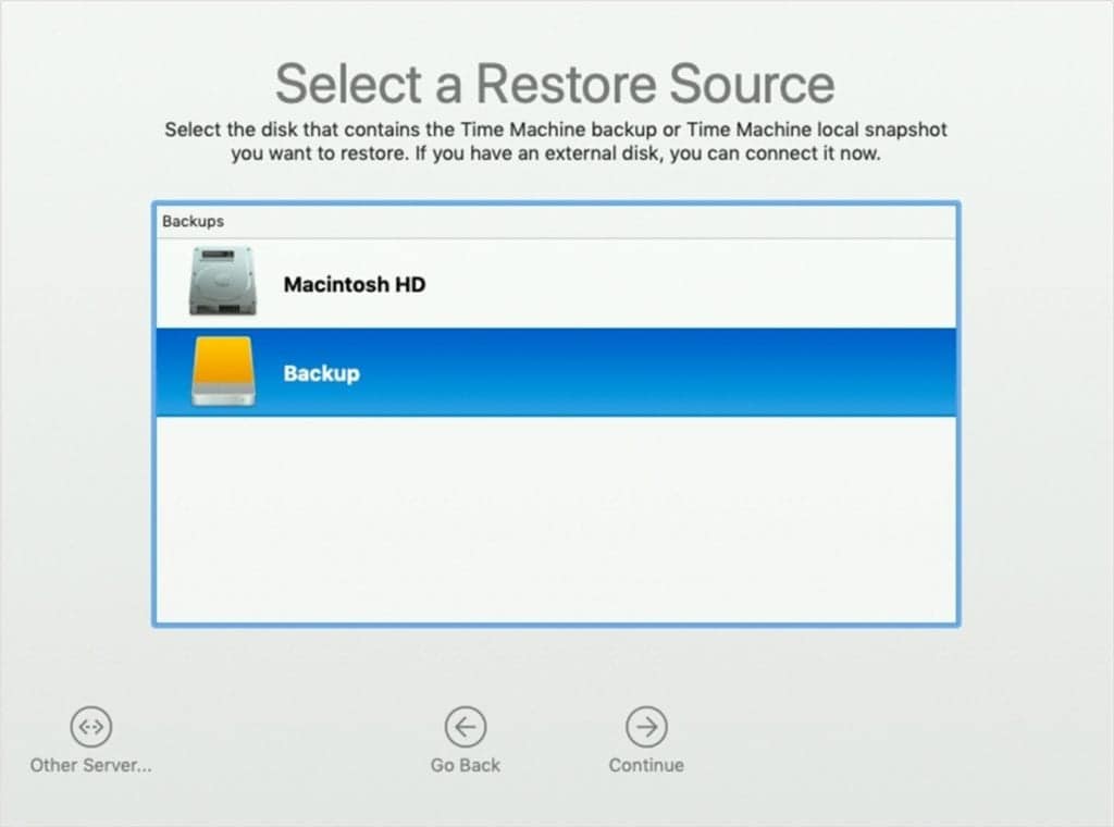 Select a restore source