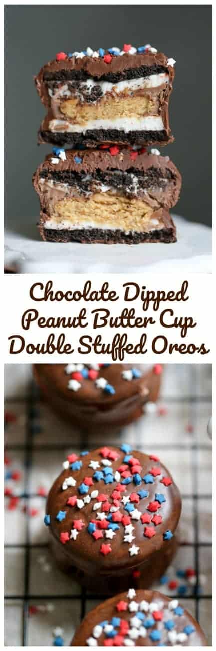 4th of July - Chocolate Dipped Peanut Butter Cup Double Stuffed Oreos - Everybody's favorite Reese's Peanut Butter Cup surrounded by Double Stuffed Oreos sinfully dipped in rich, creamy chocolate! Red, white and blue sprinkles make 'em a party! Oh hell yes! #reeses #peanut butter #oreos #chocolate #nobake #patriotic #red white and blue #4th of July #candy #gourmet #easy recipe