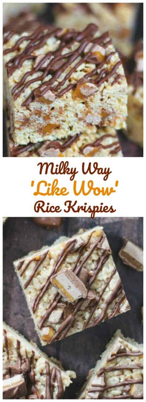 Milky Way \'Like Wow\' Rice Krispies - Delicious and sweet! Milky Way meets Rice Krispies! \'Like Wow!\' Easy to make and tasty too! Chocolate, caramel, nougat, marshmallow and rice krispies...Do I need to repeat? :) #milkyway #ricekrispies #candy #treats #caramel #marshmallow