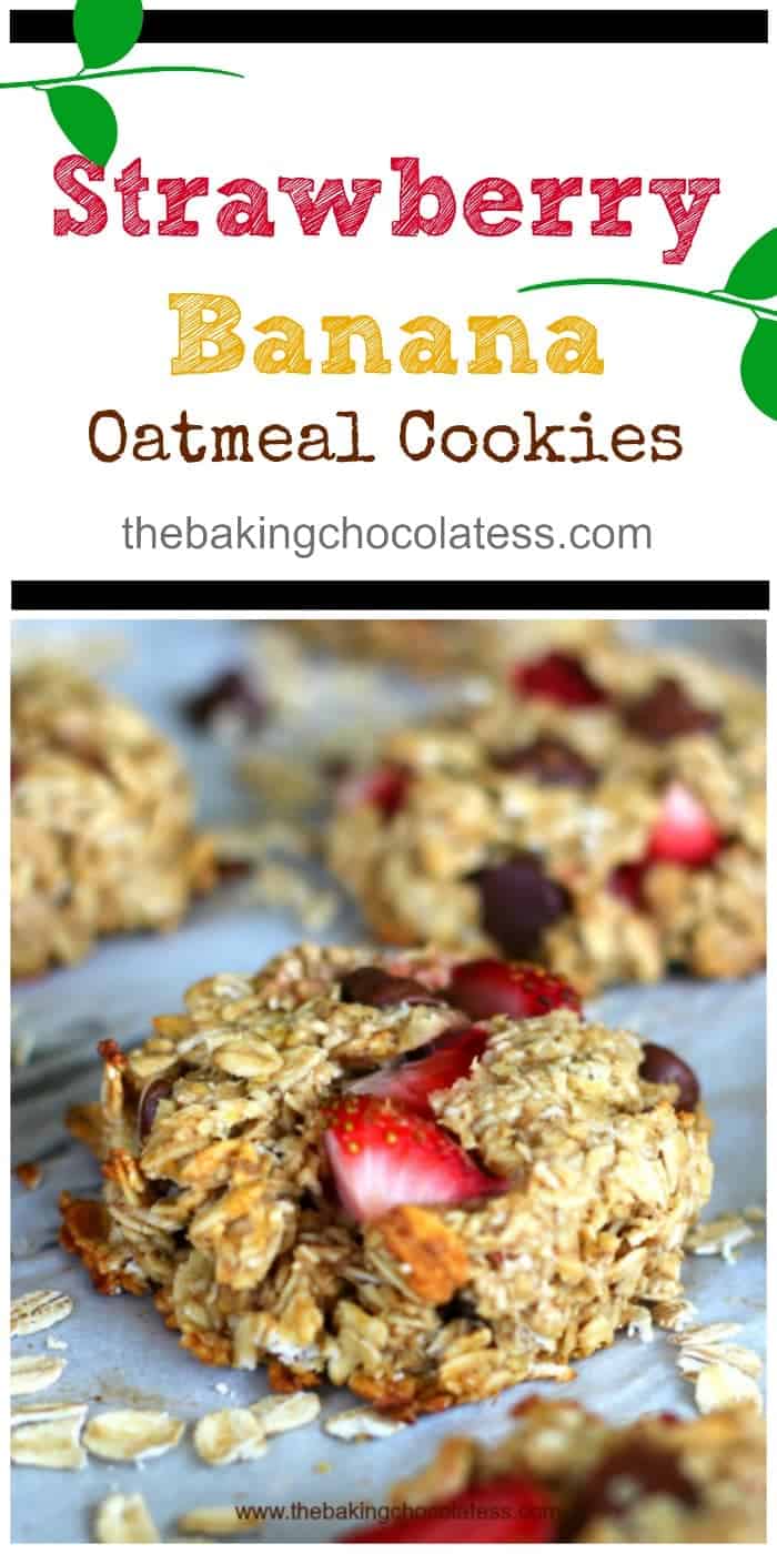 Healthy Strawberry Banana Oatmeal Cookies - Tastes like a fusion of oatmeal cookies and banana bread to me with some extra goodies, you know, those dark chocolate chips and strawberries. #strawberry #banana #oatmeal #cookies #vegan #vegancookies #healthycookies #oatmealcookies #chocolatechip