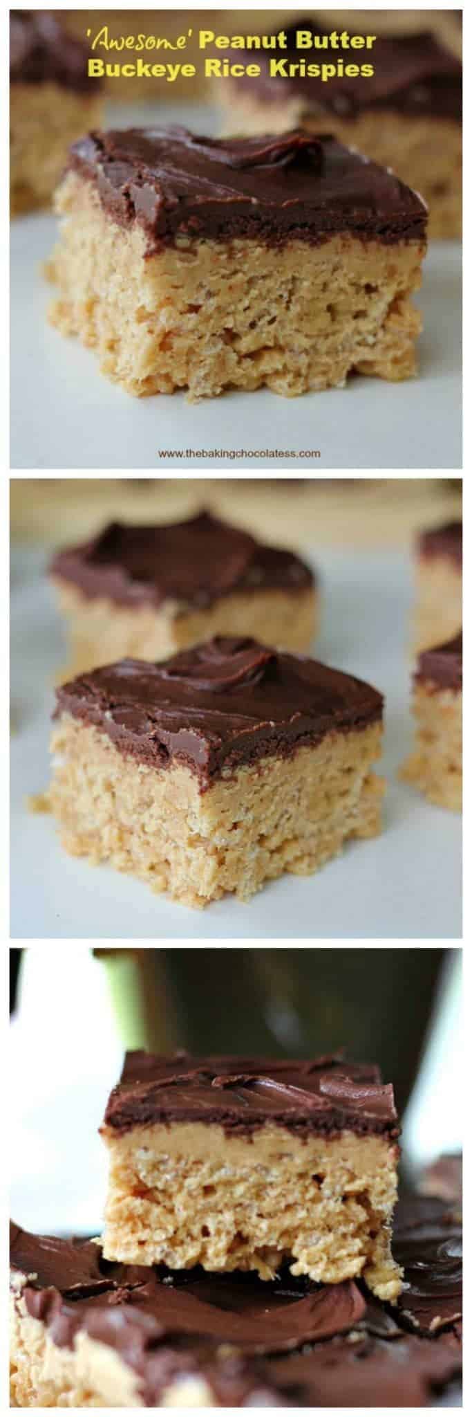 \'Awesome\' Peanut Butter Buckeye Rice Krispies - Thick, rich, buttery, krispy and creamy Peanut Butter Buckey Rice Krispies, with a huge wallop of a chocolate and peanut butter infusion! Awesome!!