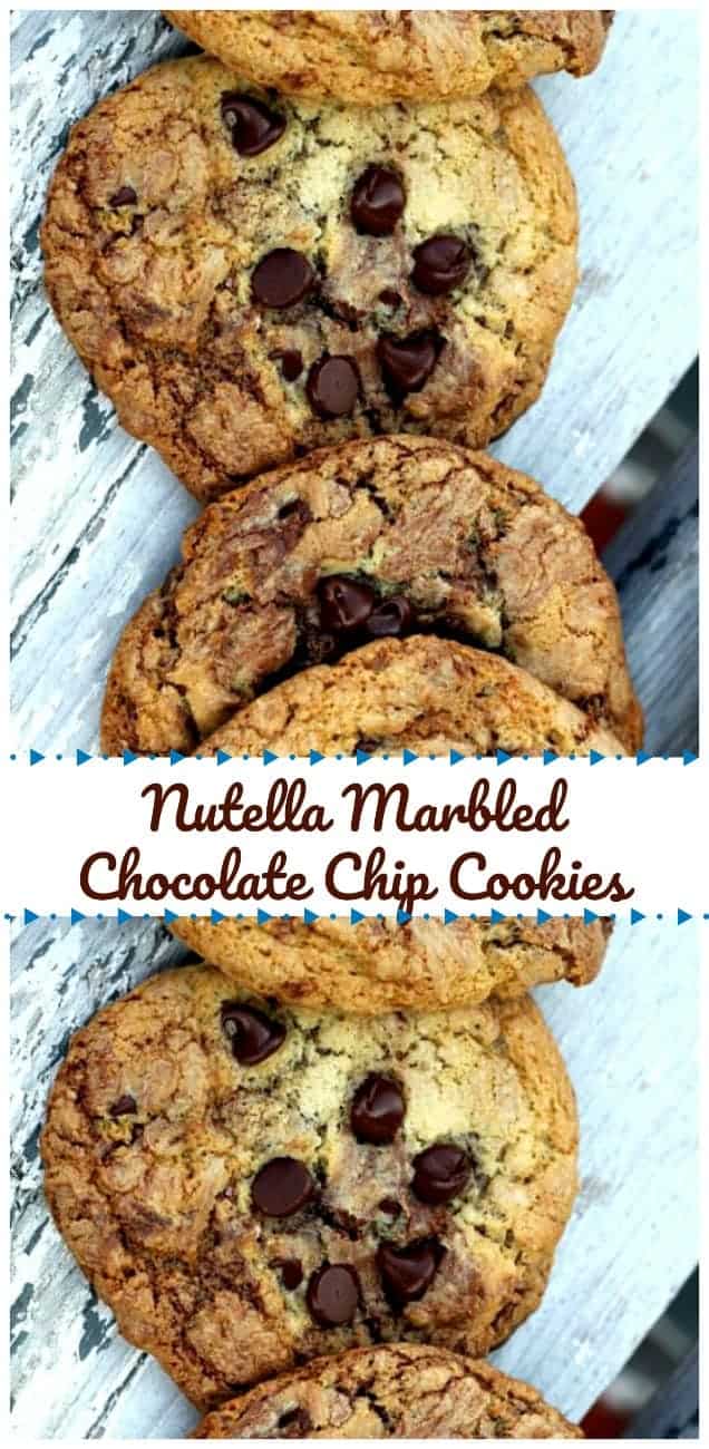 Nutella Marbled Chocolate Chip Cookies - Got some sweet, soft, chewy and kinda crispy chocolate chip cookies marbled with Nutella swirls! Oh mama! Addictive!! #nutella #chocolatechip #cookies