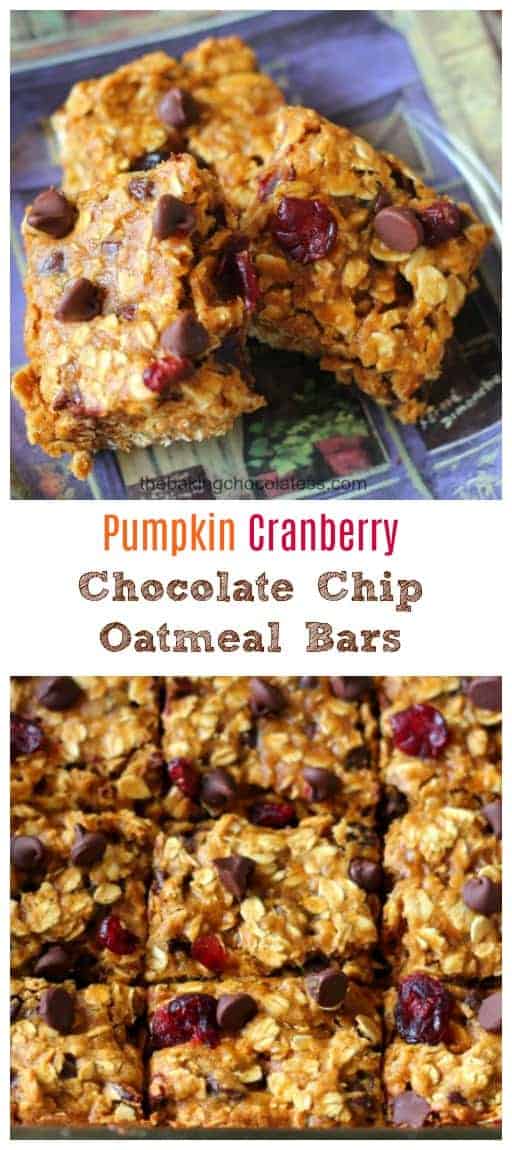 These Pumpkin Cranberry Chocolate Chip Oatmeal Bars are the perfect healthy, energy-fiber bar, quick snack on the go and delicious!