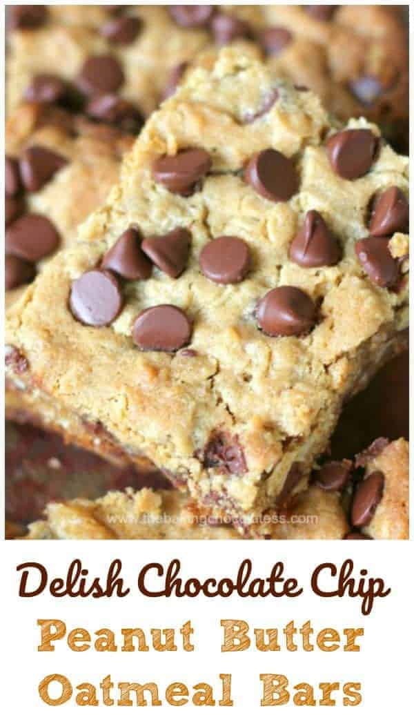Delish Chocolate Chip Peanut Butter Oatmeal Bars - Delish Chocolate Chip Peanut Butter Oatmeal Bars are in the house! Healthy-ish too! #healthy #chocolate chip #peanut butter #oatmeal #bars