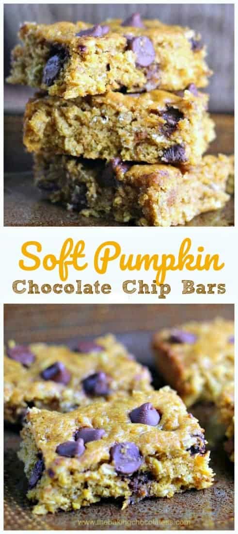 Soft Pumpkin Chocolate Chip Bars - These Pumpkin Chocolate Chip Bars are so soft, moist and super delicious! It\'s a perfect fall time dessert to share....or not! Addicting! #pumpkin #chocolate chip #bars #baking #fall #desserts #healthy