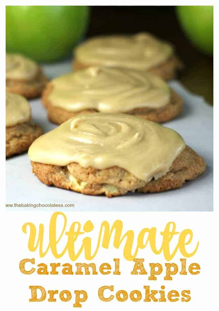 Ultimate Soft Caramel Apple Drop Cookies - These cookies have little bits of apple and hints of nutmeg and cinnamon in the cookie dough and when baked, you get soft, mellow apple-icious cookies. The \'taking them up a notch\' is the delicious, buttery caramel frosting swirled on top! For those who like salted caramel, give it a pinch of sea salt. #apple #cookies #caramel #frosting #salted caramel #fall #drop cookie