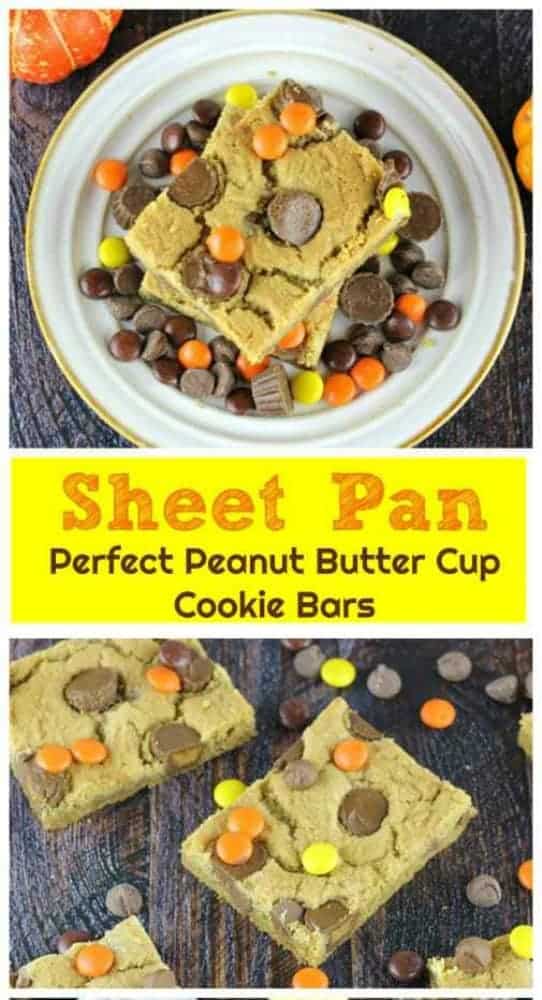 Sheet Pan Perfect Peanut Butter Cup Cookie Bars - So moist and chewy, these delicious peanut butter cookie bars are filled with Reese\'s Mini Peanut Butter Cups and Ghirardelli Milk Chocolate Chips and some Reese\'s Pieces for a splash of fall color.ย Woo-wee! #reeses #peanut butter #ghirardelli #milk chocolate #bars #chocolate chips #sheet pan #cookies