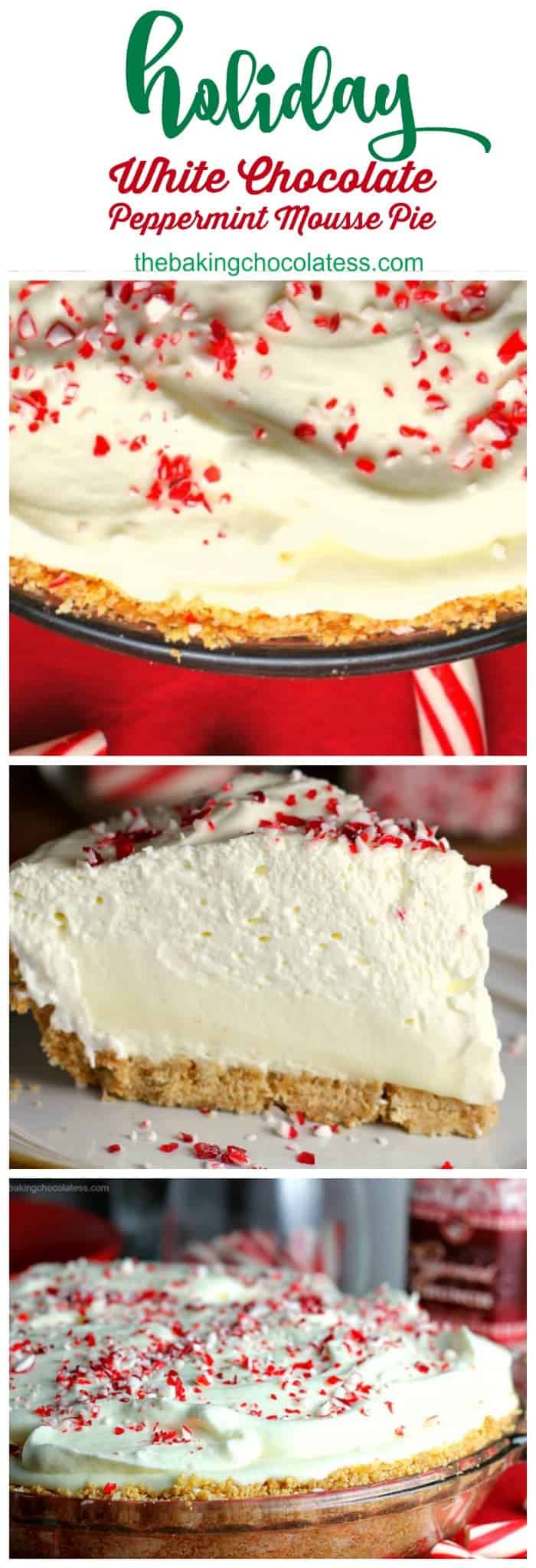 Holiday White Chocolate Peppermint Cheesecake Mousse Pie - This Holiday White Chocolate Peppermint Cheesecake Mousse Pie is dreamy, light and creamy and what peppermint dreams are made of and will look lovely on your table. #peppermint #cheesecake #mousse #pie #holidays