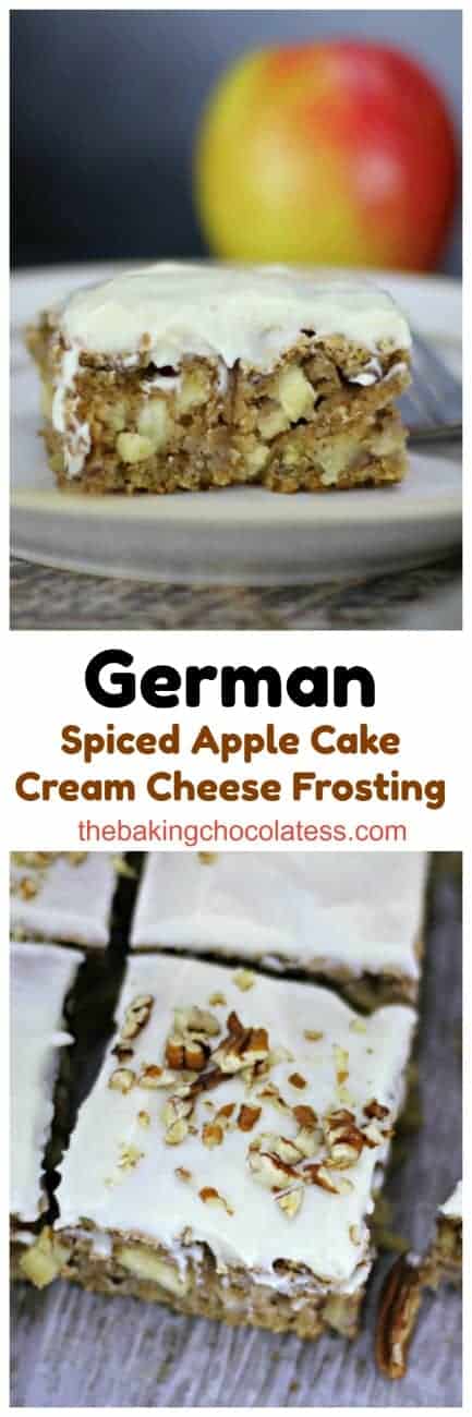 German Spiced Apple Cake with Cream Cheese Frosting - German Spiced Apple Cake with Cream Cheese Frosting is definitely one cake you will want to be snacking on over and over again and it\'s absolutely perfect for the Autumn season. It\'s a moist, delicious spice cake accompanied with warm, cozy spices of cinnamon and nutmeg, and has a bountiful abundance of mini chunks of apples and pecans baked right in and an awesome cream cheese frosting to make it complete!