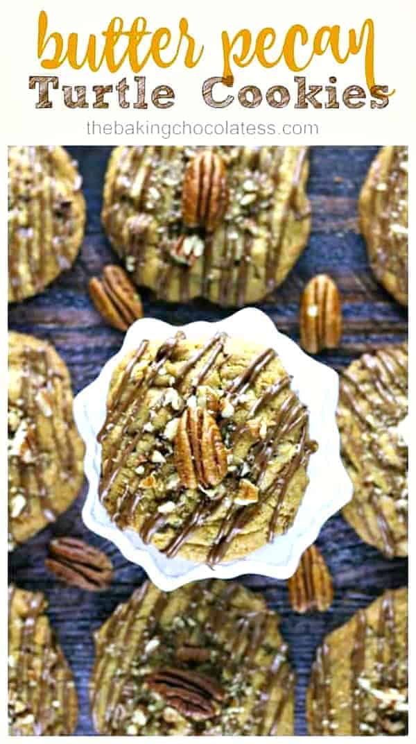 Butter Pecan Turtle Cookies - These mouth-watering cookies are buttery, chewy, thick and have caramel chips, chocolate chips, chopped pecans and drizzled with milk chocolate, sprinkled with some chopped pecans and a touch of sea salt. Perfect for the holidays! #butterpecan #turtle #turtlecookies #cookies #butterpecancookies #bestcookies #christmas #holidaybaking