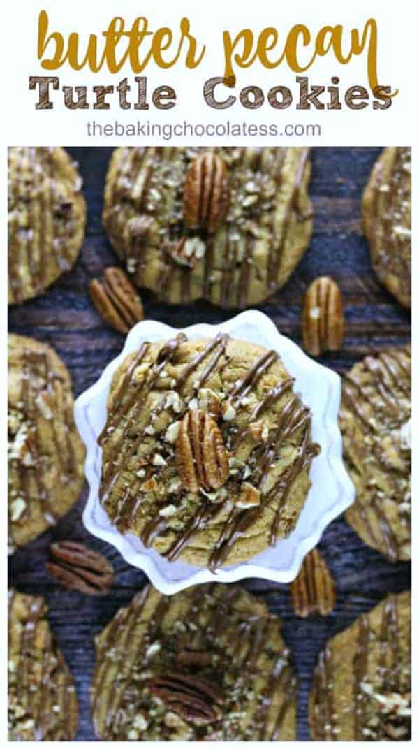 Butter Pecan Turtle Cookies - These mouth-watering cookies are buttery, chewy, thick and have caramel chips, chocolate chips, chopped pecans and drizzled with milk chocolate, sprinkled with some chopped pecans and a touch of sea salt. Perfect for the holidays!