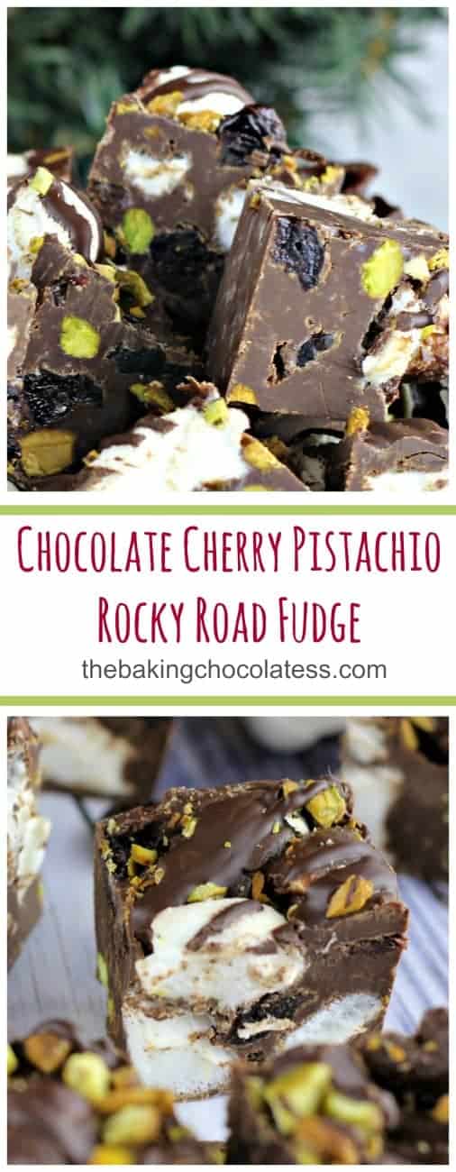 Chocolate Cherry Pistachio Rocky Road Fudge - Chocolate Cherry Pistachio Rocky Road Fudge is incredibly smooth, rich and chocolatey, bursting with lots of fluffy marshmallows, roasted and salted pistachios and tart plump dried cherries! It\'s pure Christmas Heaven! Great for gifting and party fun! #eaglebrand #sweetenedcondensedmilk #fudge #easydessert #rockyroad #uncookieexchange