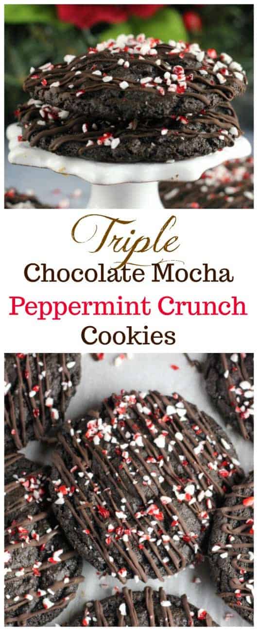 Triple Chocolate Mocha Peppermint Crunch Cookies - Rich, soft and chewy, fudgy Triple Chocolate Mocha Peppermint Crunch Cookies for the Christmas Holidays!ย These are so festive, and that peppermint crunch on top is like a Christmas dream come true!ย ย And let\'s not forget, there IS a hint of coffee to give it a delectable, rich chocolate mocha flavor!ย