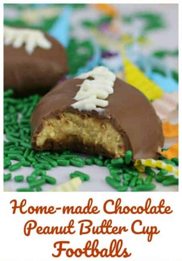 Home-made Chocolate Peanut Butter Cup Footballs! These footballs will be kicking it at your Superbowl Party! Reese\'s Peanut Butter Cup copy-cat recipe! Yum!!! #super bowl #reeses #peanut butter #football #chocolate #party