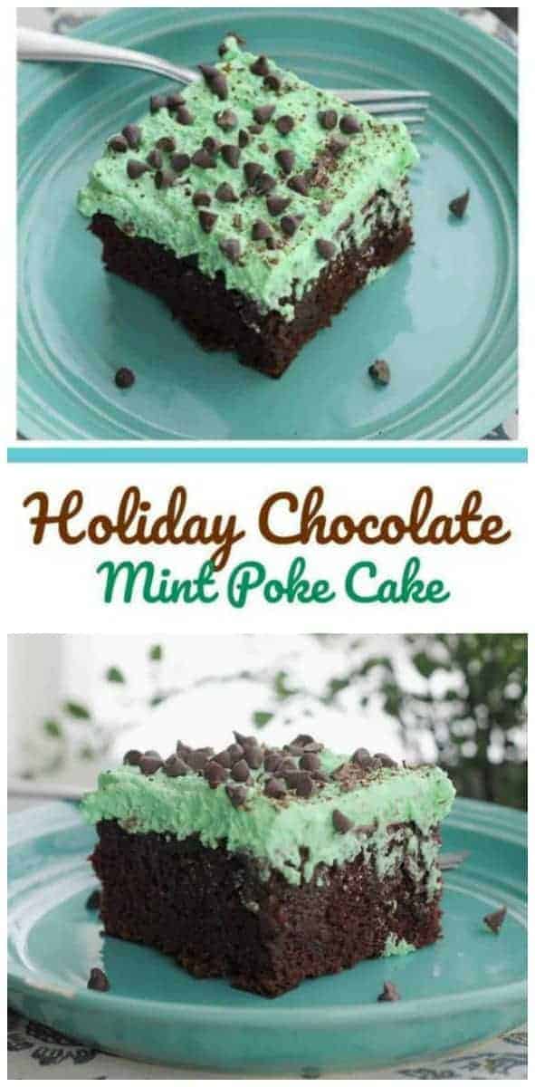 Holiday Chocolate Mint Poke Cake - We absolutely adore this Holiday Chocolate Mint Poke Cake! It\'s got a fluffy \'phat\' layer of mint green whipped topping on top of a luscious chocolate cake drenched with a sweetened condensed Andes Creme de Menthe fudge filling! YUM! #mint #chocolate #mint chip #cake #poke cake #fudge #holidays #chocolatemint