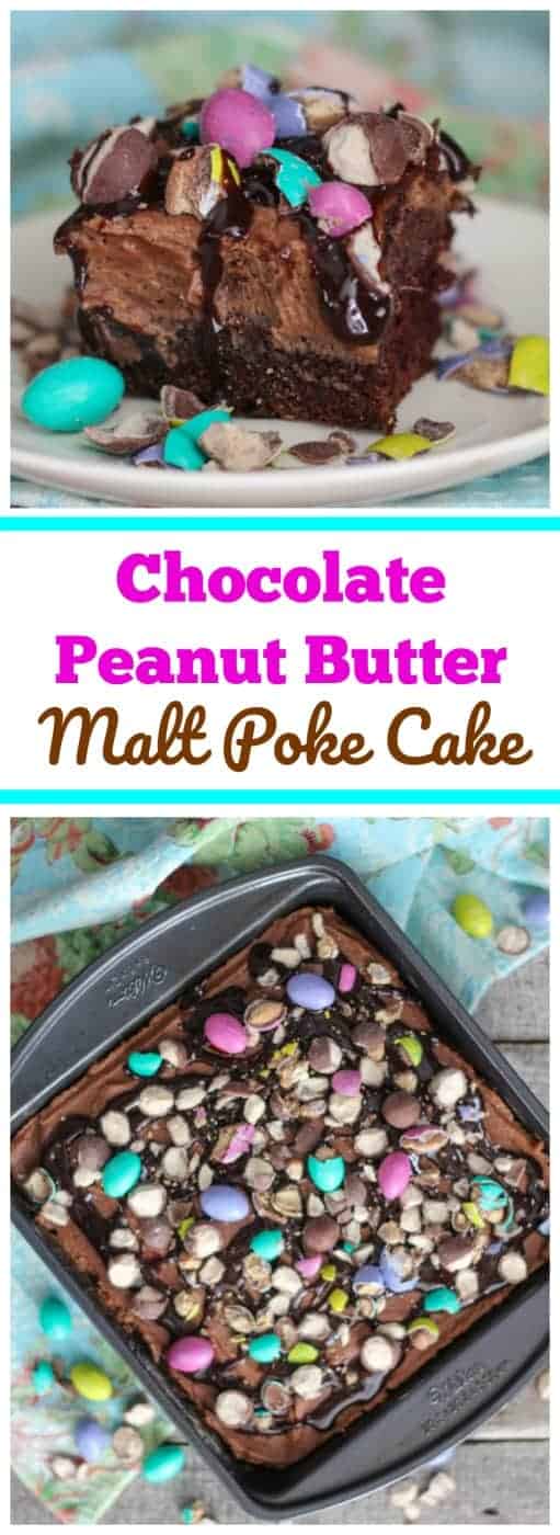 Chocolate Peanut Butter Malt Poke Cake