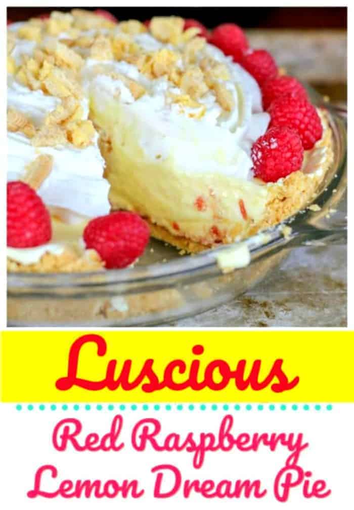 Luscious Red Raspberry Lemon Dream Pie - This dreamy, creamy lemon pudding pie is deliciously sweet with a yummy punch of tartness and has a completely utterly delicious buttery, lemon cookie crust with a layer of fruity raspberry jam on top.
#redraspberry #raspberry #lemon #lemonpudding #pie #spring #summer
