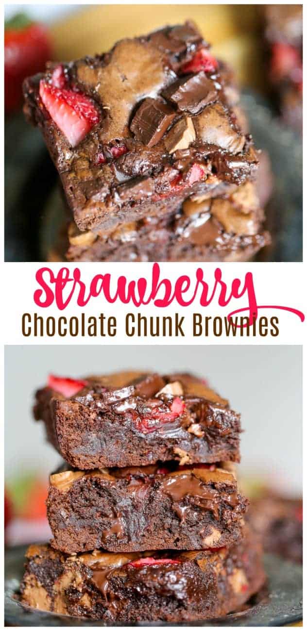 Strawberry Chocolate Chunk Brownies - Taste the yum of sweet and tart strawberries, decadent milk and dark chocolate chunks in gooey fudgy, chewy brownies are sinful, absolute strawberry chocolate heaven. #strawberrybrownies #strawberry #fruitinbrownies #chocolatechunkbrownies #strawberrychocolate #chocolate #dessert