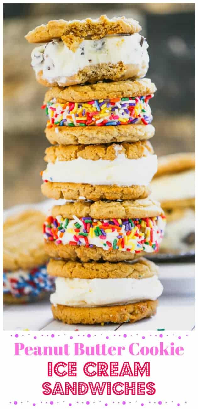 Peanut Butter Cookie Ice Cream Sandwiches - Satisfyย your summer time ice cream cravings with these delightful classic peanut butter cookies sandwiched between creamy, frosty ice cream. It\'s the ultimate treat! Add sprinkles or mini chocolate chip cookies to the sides for a festive vibe!ย #peanut butter #sandwich #cookies #sandwich cookies #ice cream #frozen #treats #party #summer #dessert
