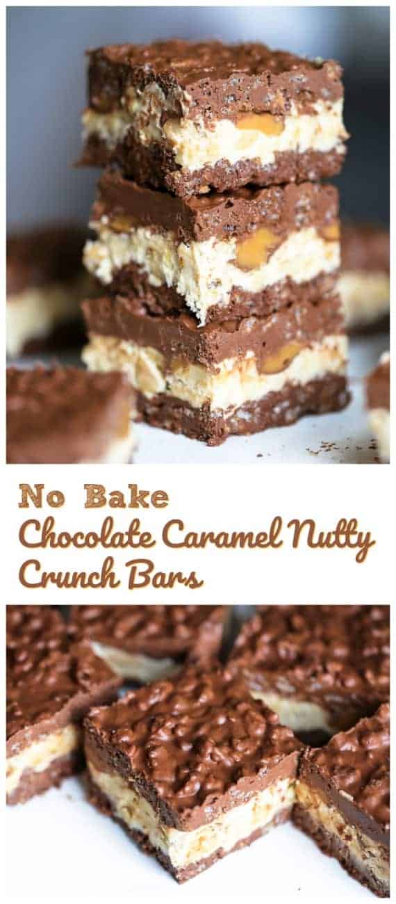 No Bake Chocolate Caramel Nutty Crunch Bars -These impressive and magnificent triple layered No Bake Chocolate Caramel Nutty Crunch Bars are so heavenly yummy, you'll wish you knew of them sooner! #treats #rolos #peanut butter #nuts #cocoa #rice krispies #bars #crunch bars #no bake #marshmallow #kelloggs